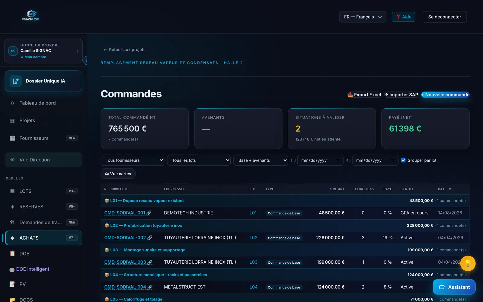 PunchLink — commandes et situations de paiement d'un projet industriel