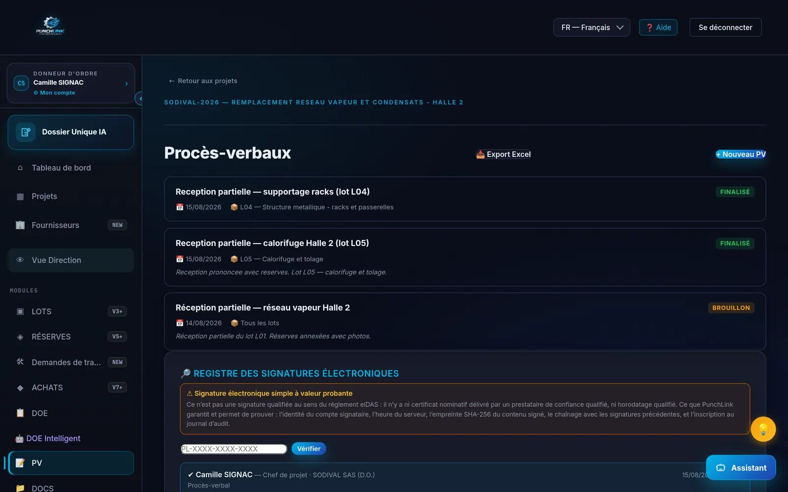 PunchLink — procès-verbaux et registre des signatures électroniques