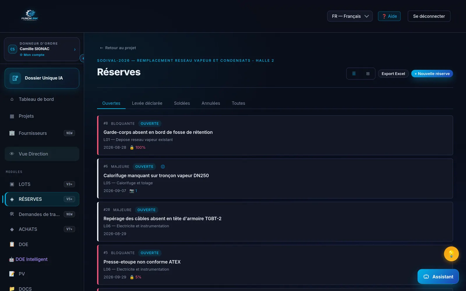 PunchLink — liste des réserves d'un lot avec criticité et statut